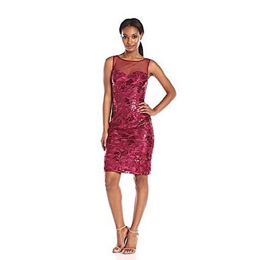 J S Collections Illusion Neckline Sequins Lace Cocktail Dress S…